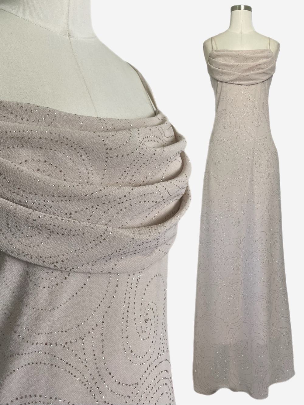 Vintage Y2K Karina Nites champagne tan glitter swirl maxi gown holiday prom M/L
